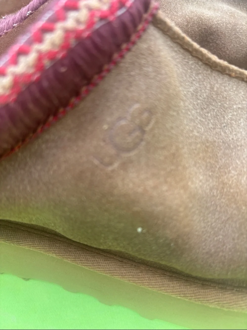 UGG Brown Suede Mule Slippers with Burgundy Trim - Picture 5 of 13